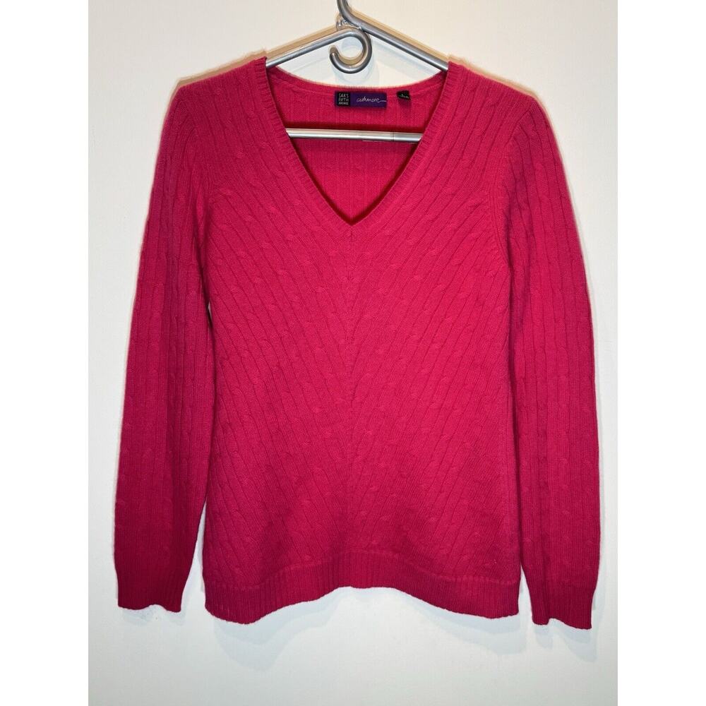 SAKS FIFTH AVENUE Woman's 100% Cashmere V-Neck CABLE KNIT Sweater Pink Large